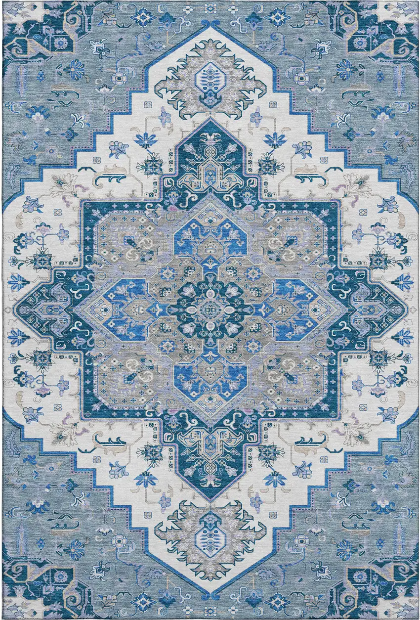 Blue Ivory And Gray Oriental Washable Area Rug With UV Protection Photo 1