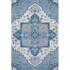 Photo of Blue Ivory And Gray Oriental Washable Area Rug With UV Protection