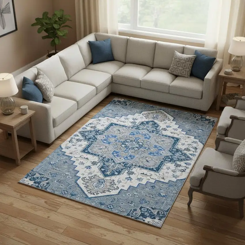 Blue Ivory And Gray Oriental Washable Area Rug With UV Protection Photo 2