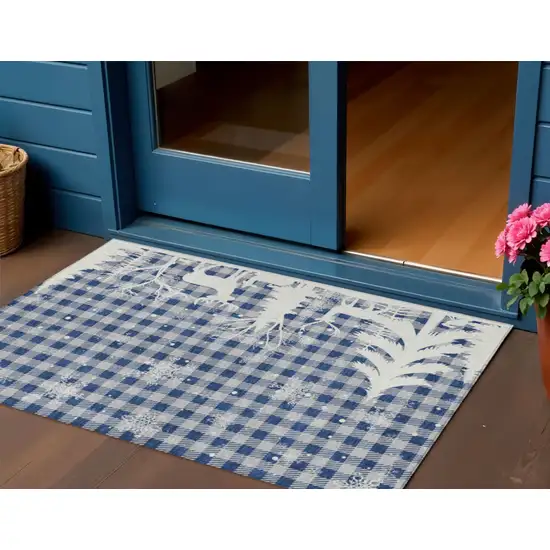 Blue Ivory And Gray Plaid Washable Indoor Outdoor Area Rug Photo 1
