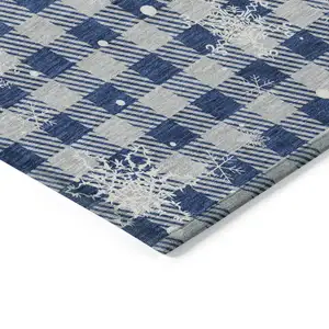 Photo of Blue Ivory And Gray Plaid Washable Indoor Outdoor Area Rug
