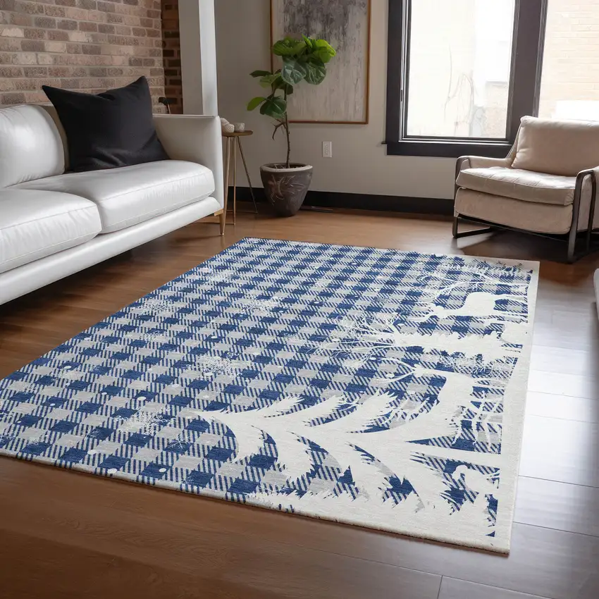 Blue Ivory And Gray Plaid Washable Indoor Outdoor Area Rug Photo 5