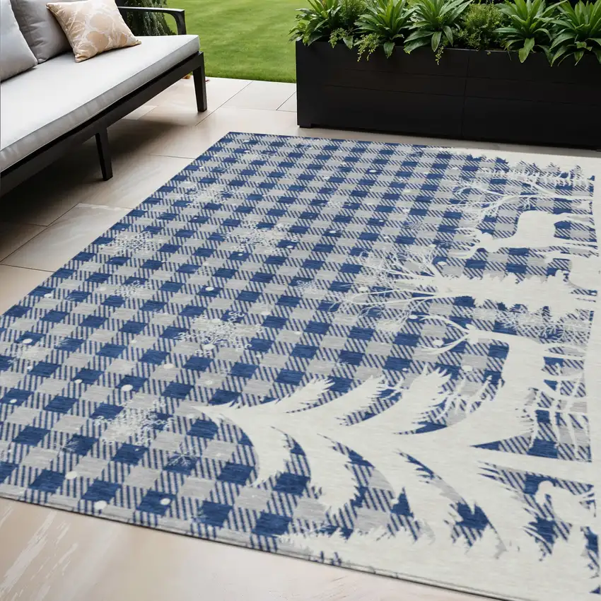 Blue Ivory And Gray Plaid Washable Indoor Outdoor Area Rug Photo 2