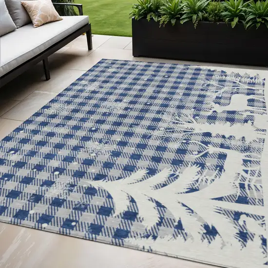 Blue Ivory And Gray Plaid Washable Indoor Outdoor Area Rug Photo 1