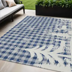 Photo of Blue Ivory And Gray Plaid Washable Indoor Outdoor Area Rug