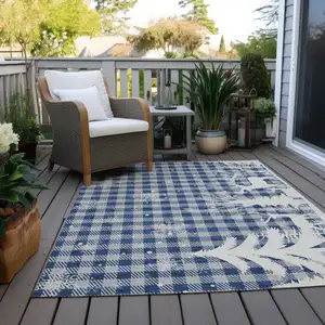 Photo of Blue Ivory And Gray Plaid Washable Indoor Outdoor Area Rug