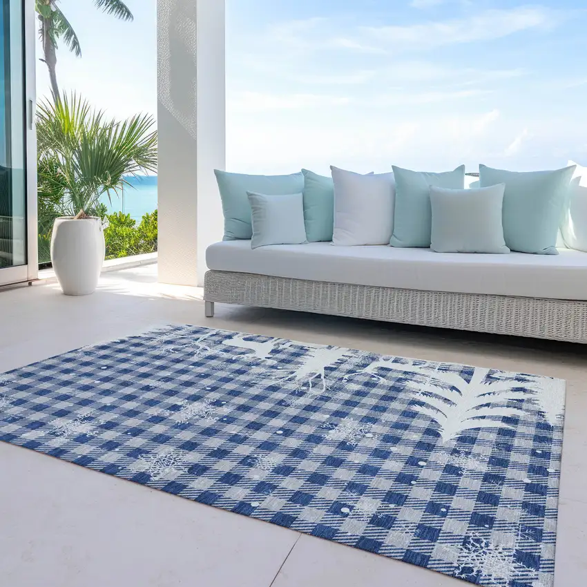 Blue Ivory And Gray Plaid Washable Indoor Outdoor Area Rug Photo 5