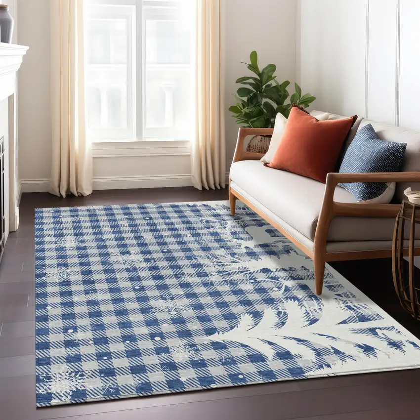 Blue Ivory And Gray Plaid Washable Indoor Outdoor Area Rug Photo 7