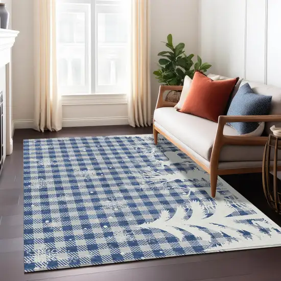 Blue Ivory And Gray Plaid Washable Indoor Outdoor Area Rug Photo 6