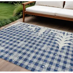 Photo of Blue Ivory And Gray Plaid Washable Indoor Outdoor Area Rug