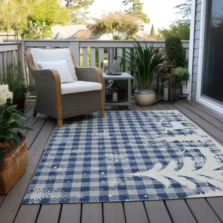 Blue Ivory And Gray Plaid Washable Indoor Outdoor Area Rug Photo 8