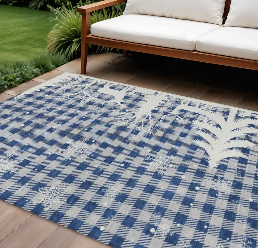 Blue Ivory And Gray Plaid Washable Indoor Outdoor Area Rug Photo 1