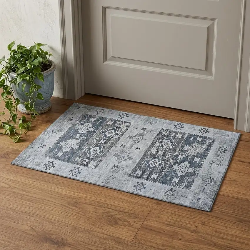 Blue Ivory And Gray Southwestern Washable Area Rug With UV Protection Photo 1