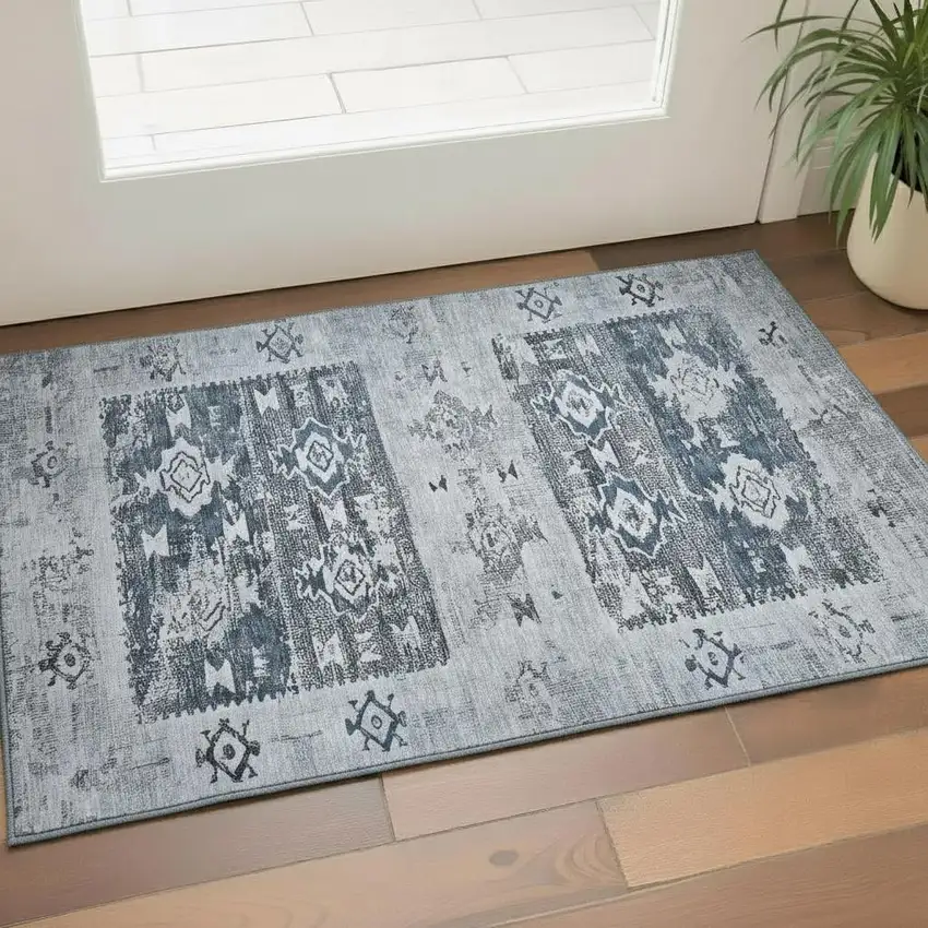 Blue Ivory And Gray Southwestern Washable Area Rug With UV Protection Photo 2