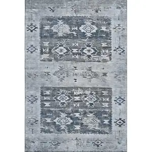 Photo of Blue Ivory And Gray Southwestern Washable Area Rug With UV Protection