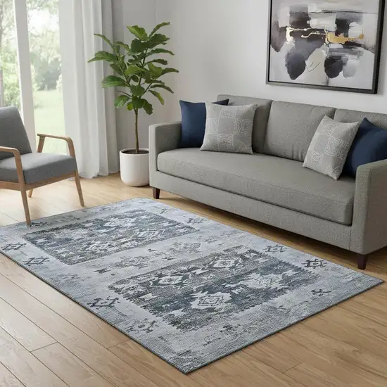 Blue Ivory And Gray Southwestern Washable Area Rug With UV Protection Photo 2