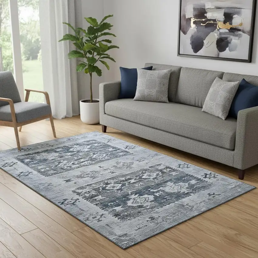Blue Ivory And Gray Southwestern Washable Area Rug With UV Protection Photo 2