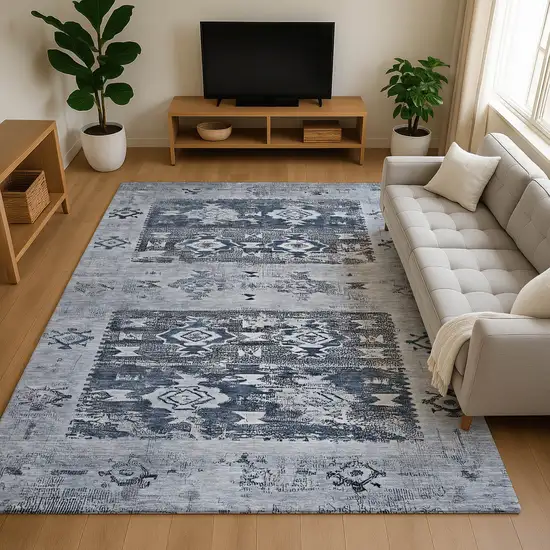 Blue Ivory And Gray Southwestern Washable Area Rug With UV Protection Photo 3