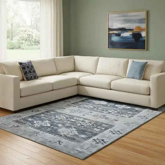 Blue Ivory And Gray Southwestern Washable Area Rug With UV Protection Photo 2