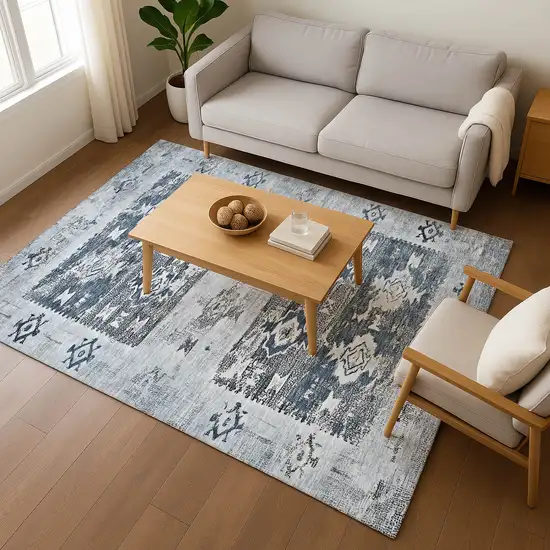 Blue Ivory And Gray Southwestern Washable Area Rug With UV Protection Photo 4
