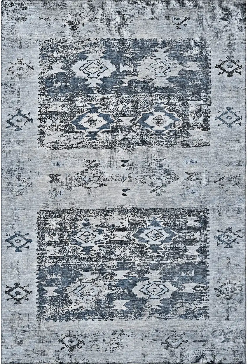 Blue Ivory And Gray Southwestern Washable Area Rug With UV Protection Photo 3