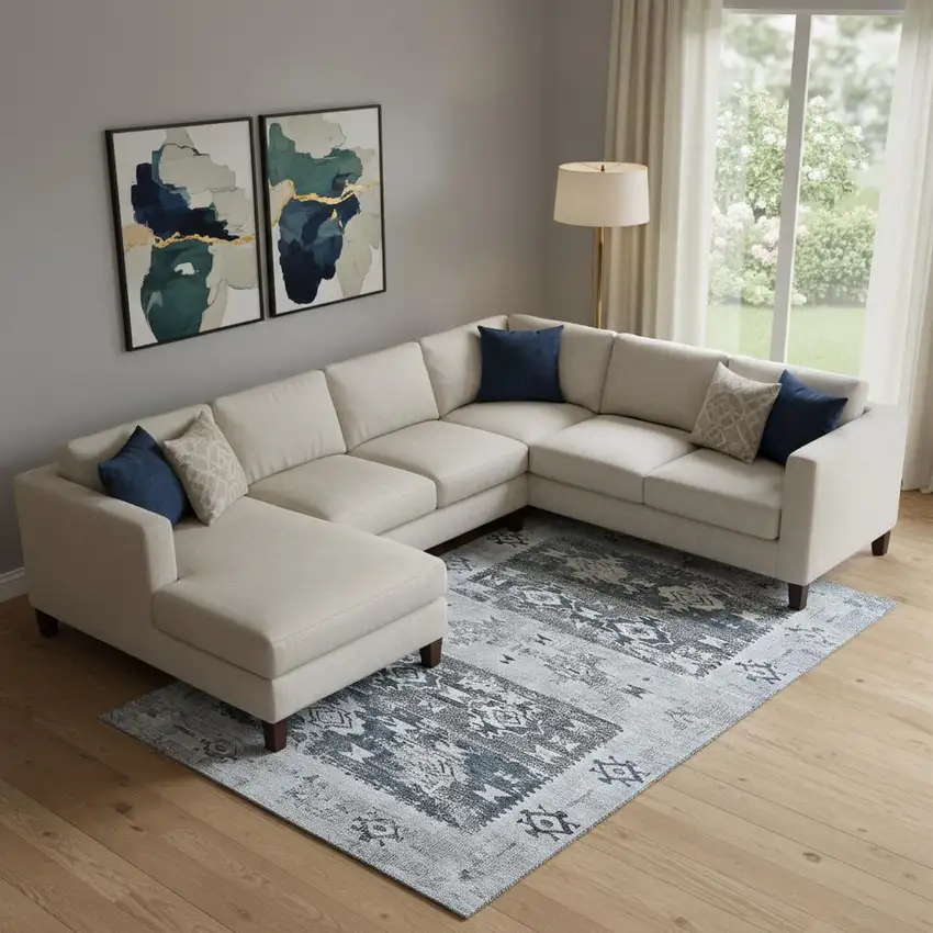 Blue Ivory And Gray Southwestern Washable Area Rug With UV Protection Photo 2