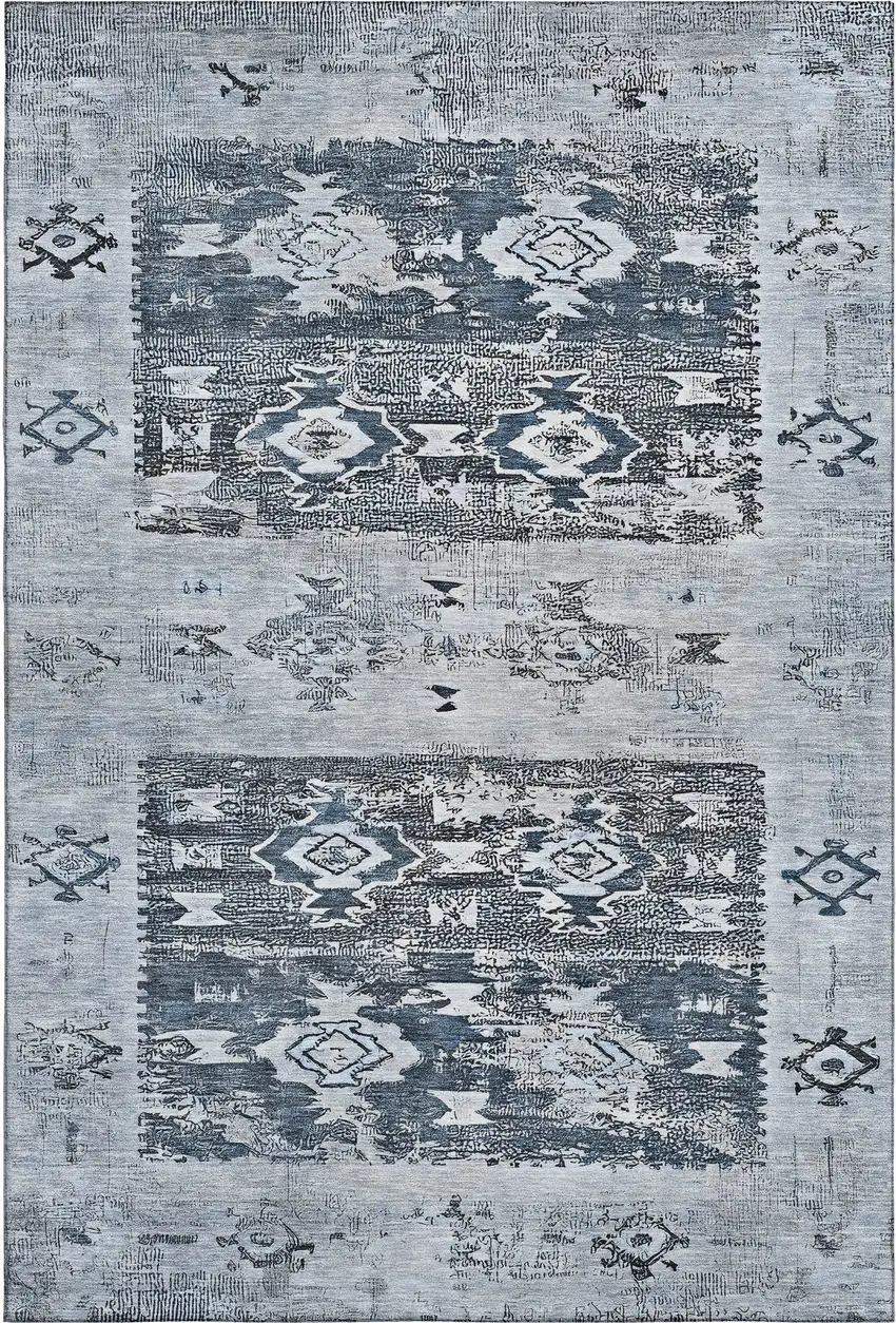 Blue Ivory And Gray Southwestern Washable Area Rug With UV Protection Photo 1