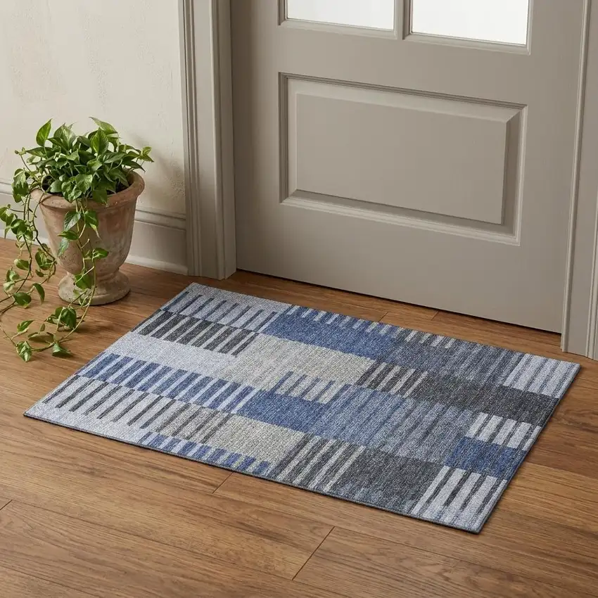 Blue Ivory And Gray Striped Washable Area Rug With UV Protection Photo 1