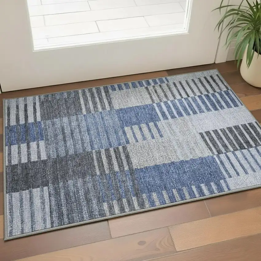 Blue Ivory And Gray Striped Washable Area Rug With UV Protection Photo 2