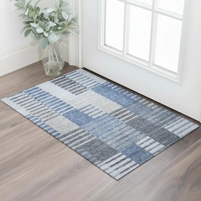 Blue Ivory And Gray Striped Washable Area Rug With UV Protection Photo 2