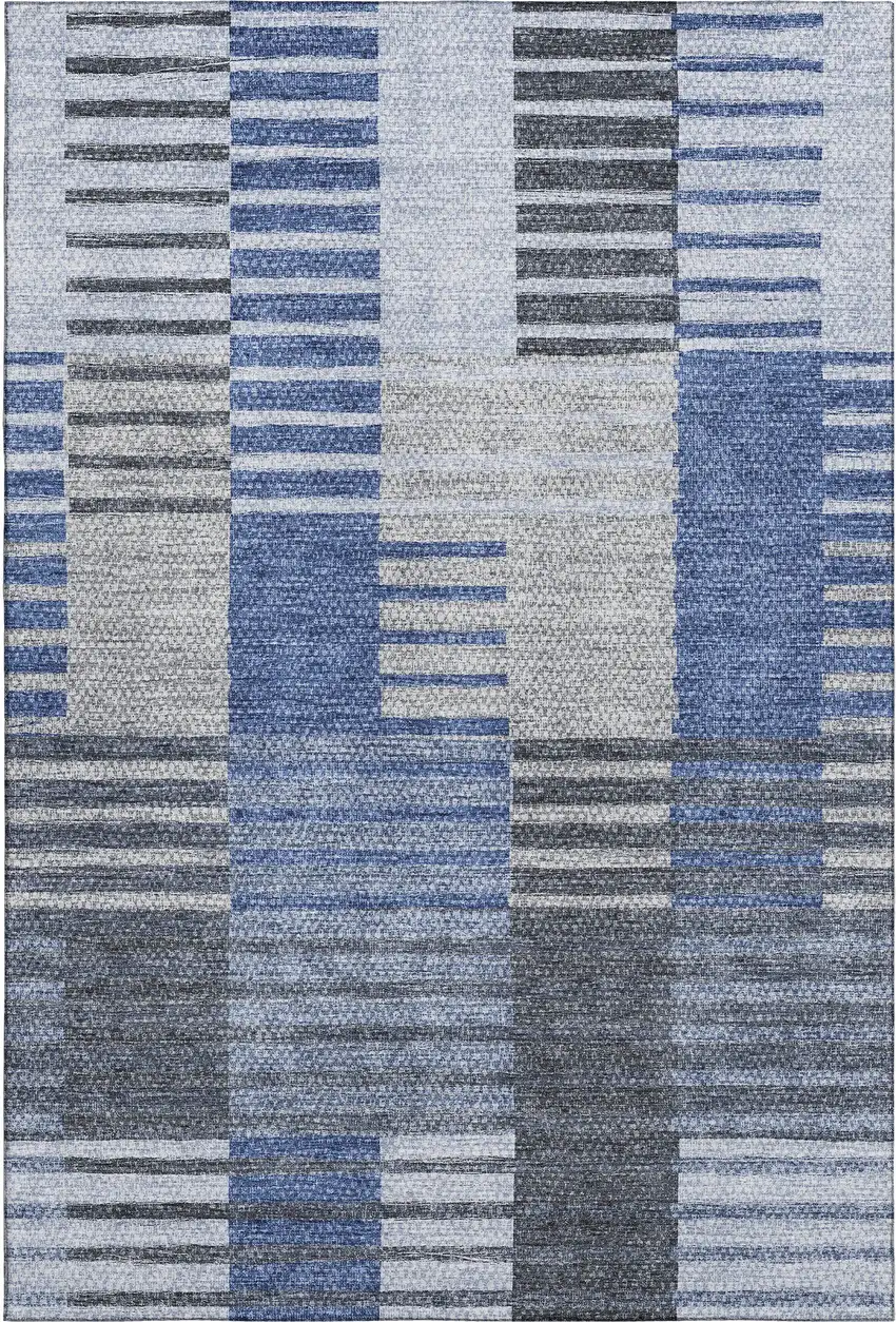 Blue Ivory And Gray Striped Washable Area Rug With UV Protection Photo 1