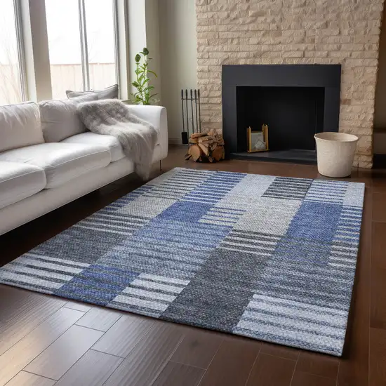 Blue Ivory And Gray Striped Washable Area Rug With UV Protection Photo 6