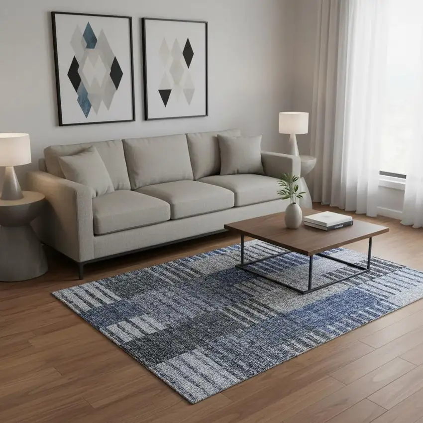 Blue Ivory And Gray Striped Washable Area Rug With UV Protection Photo 3