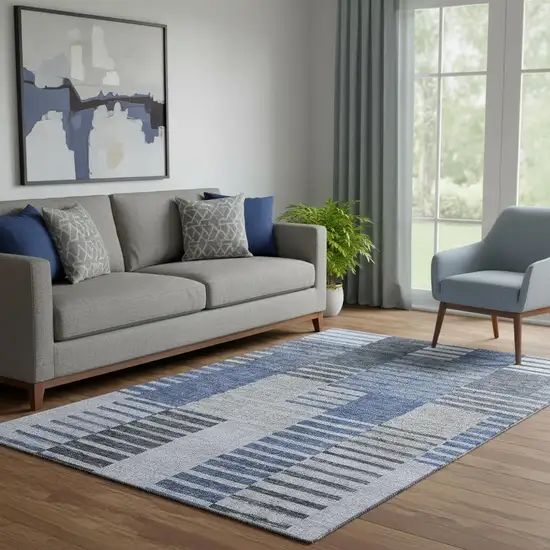 Blue Ivory And Gray Striped Washable Area Rug With UV Protection Photo 1
