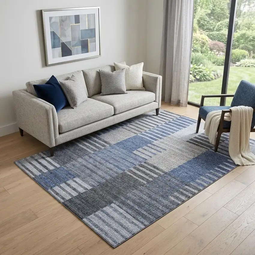 Blue Ivory And Gray Striped Washable Area Rug With UV Protection Photo 1