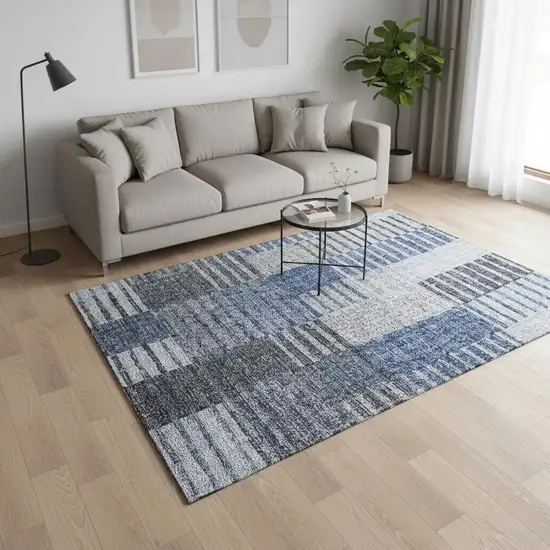 Blue Ivory And Gray Striped Washable Area Rug With UV Protection Photo 2