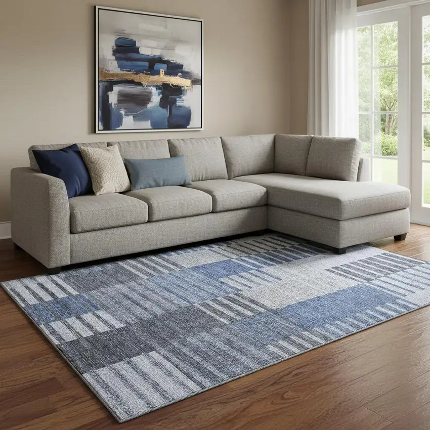 Blue Ivory And Gray Striped Washable Area Rug With UV Protection Photo 1