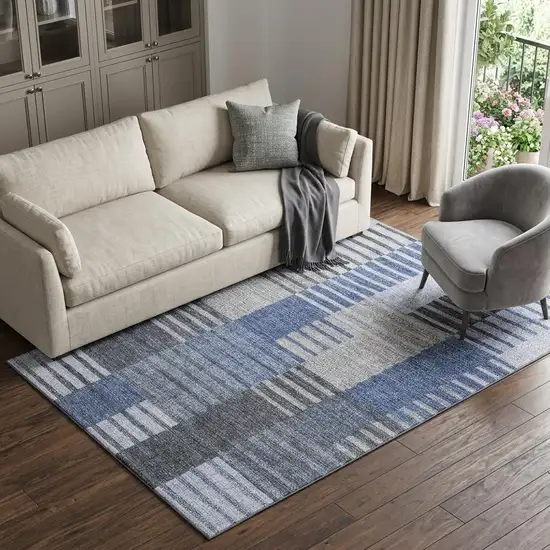Blue Ivory And Gray Striped Washable Area Rug With UV Protection Photo 1