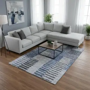 Photo of Blue Ivory And Gray Striped Washable Area Rug With UV Protection