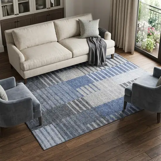 Blue Ivory And Gray Striped Washable Area Rug With UV Protection Photo 1