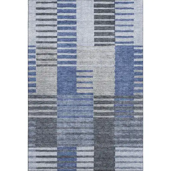 Blue Ivory And Gray Striped Washable Area Rug With UV Protection Photo 2