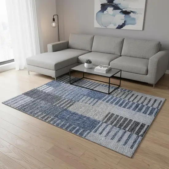 Blue Ivory And Gray Striped Washable Area Rug With UV Protection Photo 1