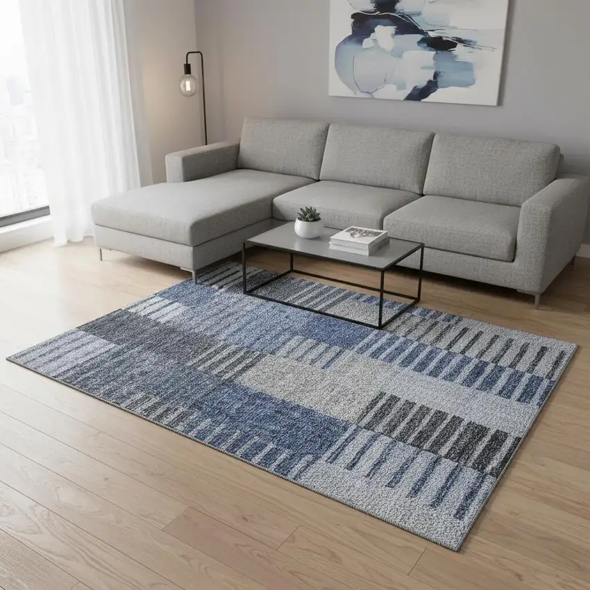 Blue Ivory And Gray Striped Washable Area Rug With UV Protection Photo 1