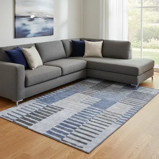 Blue Ivory And Gray Striped Washable Area Rug With UV Protection Photo 1