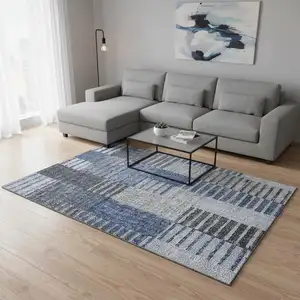 Photo of Blue Ivory And Gray Striped Washable Area Rug With UV Protection