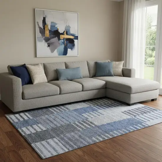 Blue Ivory And Gray Striped Washable Area Rug With UV Protection Photo 1