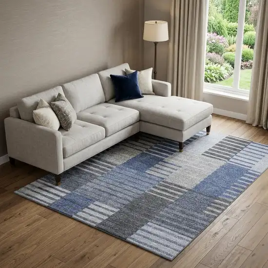 Blue Ivory And Gray Striped Washable Area Rug With UV Protection Photo 1