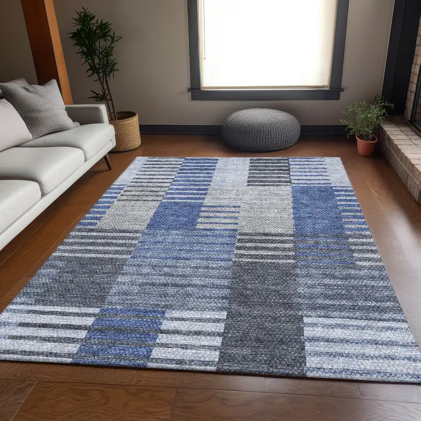 Blue Ivory And Gray Striped Washable Area Rug With UV Protection Photo 6