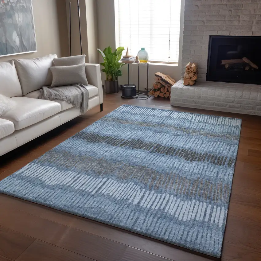 Blue Ivory And Gray Striped Washable Area Rug With UV Protection Photo 5