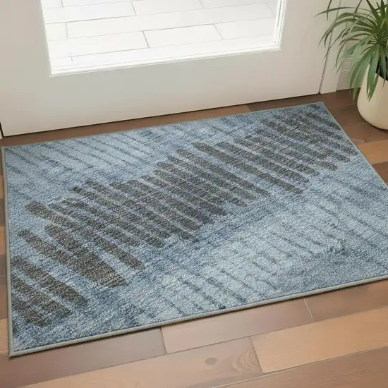 Blue Ivory And Gray Striped Washable Area Rug With UV Protection Photo 2